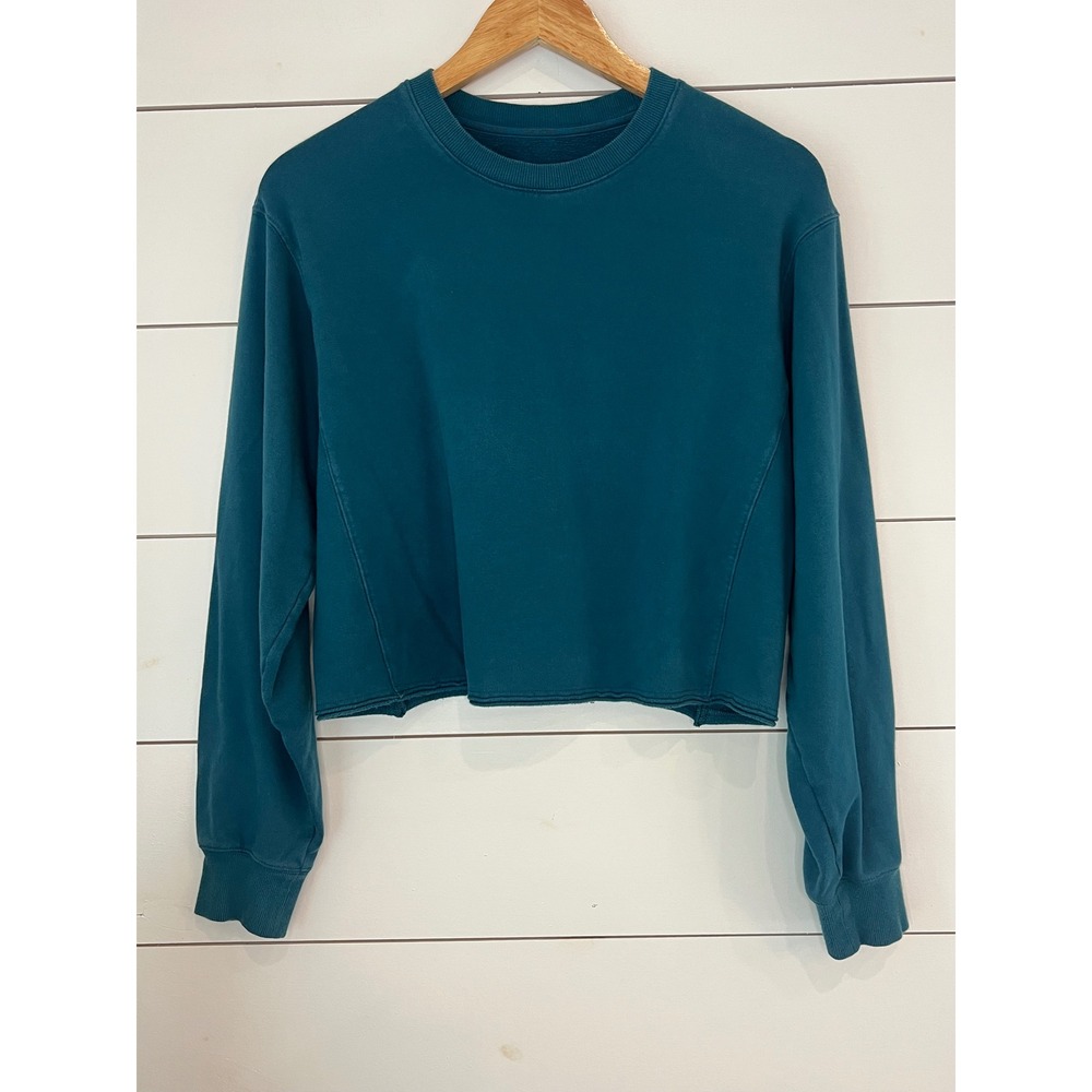 CRZ YOGA Womens Cropped Sweatshirt Teal Blue Crewneck Raw Hem Pullover Small